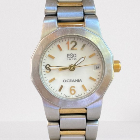 ESQ OCEANIA Swiss Women Wrist Watch Date Calendar Analog Quartz Silver/Gold Tone - Picture 2 of 13